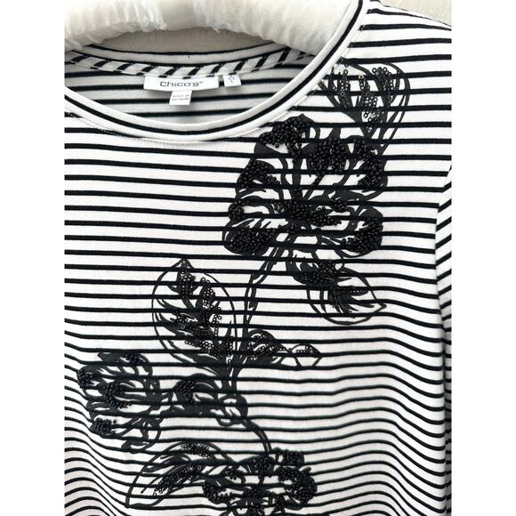 CHICO’S | Black & White Striped Floral Beaded 3/4 Sleeve Top | Size 2 Large - Picture 4 of 7
